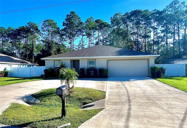 203 Palmwood Dr, Palm Coast, FL 32164 - ranch-style home with fence, an attached garage, driveway, stucco siding, and a front lawn