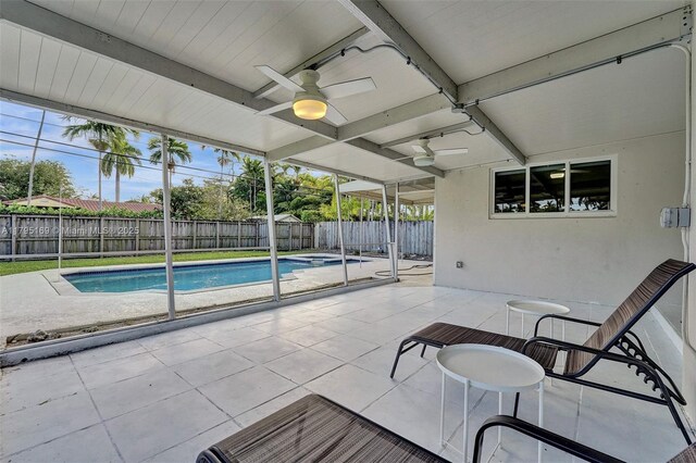 1438 Harrison St, Hollywood, FL 33020 - view of swimming pool featuring a ceiling fan, a fenced backyard, a patio area, and a pool with connected hot tub