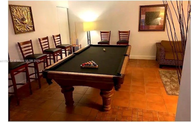 game room featuring billiards, baseboards, and tile patterned floors