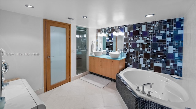 1900 Sunset Harbour Dr Unit 2008, Miami Beach, FL 33139 - full bathroom featuring a whirlpool tub, visible vents, a sink, a shower stall, and double vanity