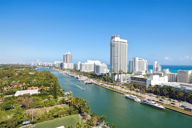 drone / aerial view with a city view and a water view