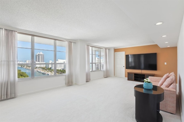 carpeted living room featuring a textured ceiling, baseboards, and recessed lighting