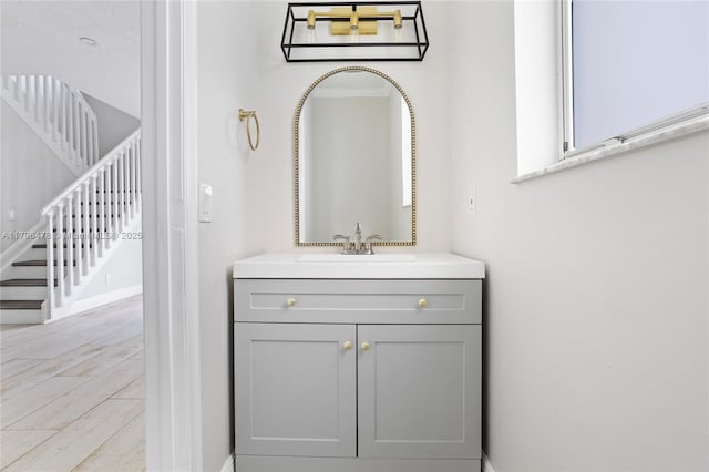 bathroom with vanity, baseboards, and wood finished floors