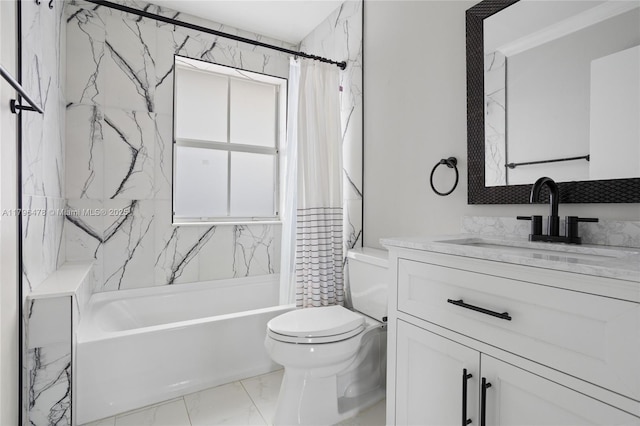 full bathroom featuring vanity, toilet, marble finish floor, and shower / bath combination with curtain