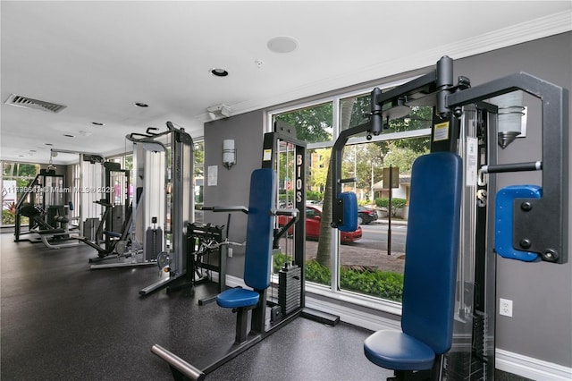 gym featuring ornamental molding, visible vents, and a healthy amount of sunlight