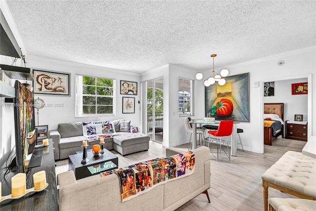 living area featuring a textured ceiling, wood finished floors, and ornamental molding