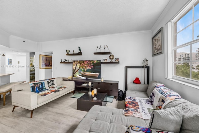 living area with plenty of natural light, wood finished floors, ornamental molding, and a textured ceiling