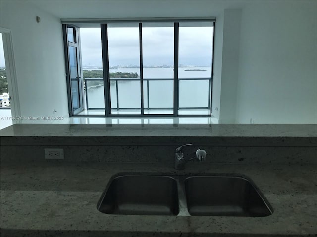 interior details with light stone counters and a sink