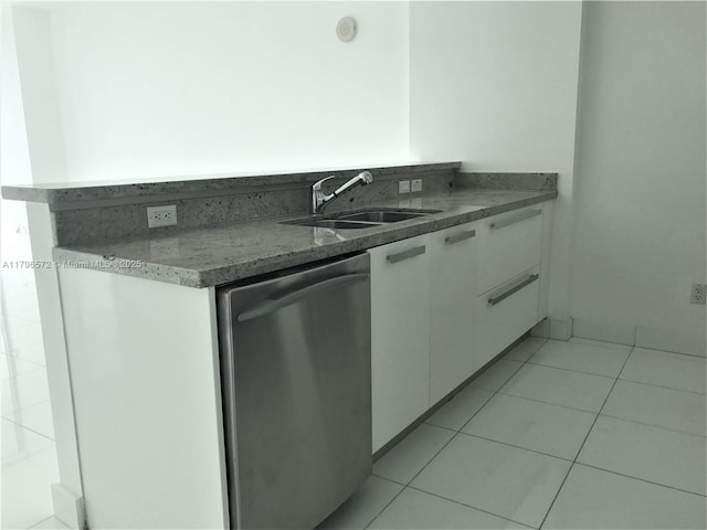 kitchen featuring dishwasher, light tile patterned floors, modern cabinets, a sink, and white cabinetry