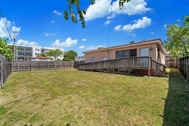 view of yard with a wooden deck and a fenced backyard