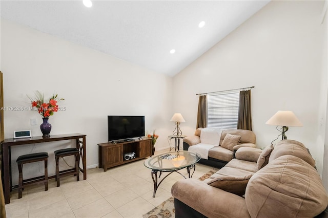 1249 NW 126th Ter, Sunrise, FL 33323 - living area featuring high vaulted ceiling, recessed lighting, light tile patterned floors, and baseboards