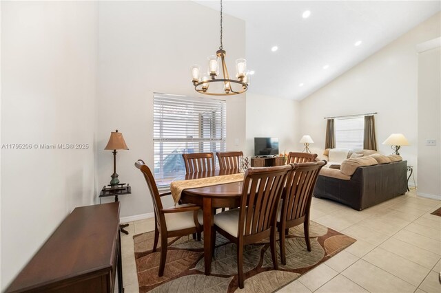1249 NW 126th Ter, Sunrise, FL 33323 - dining room with a chandelier, high vaulted ceiling, light tile patterned flooring, baseboards, and recessed lighting