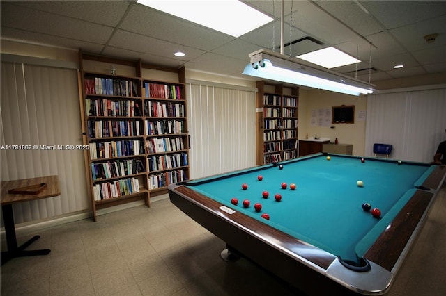 rec room with a drop ceiling, tile patterned floors, and billiards