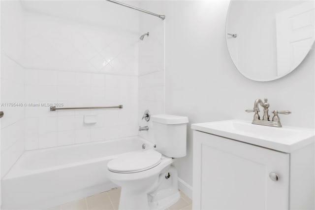 full bathroom featuring toilet, shower / tub combination, tile patterned floors, baseboards, and vanity