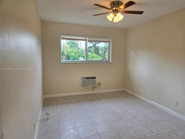 unfurnished room featuring baseboards, light tile patterned flooring, ceiling fan, and a wall mounted AC