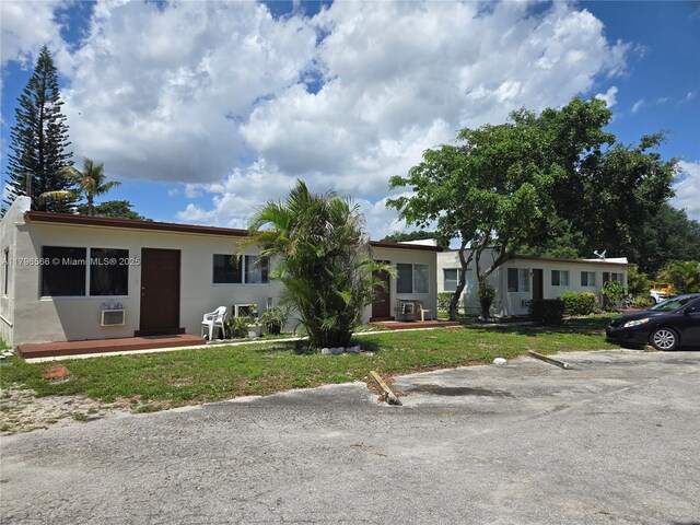 single story home featuring a front lawn and stucco siding