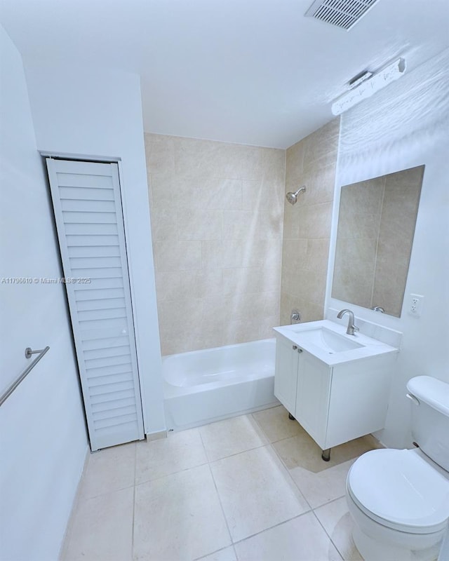 bathroom with toilet, bathtub / shower combination, tile patterned floors, visible vents, and vanity
