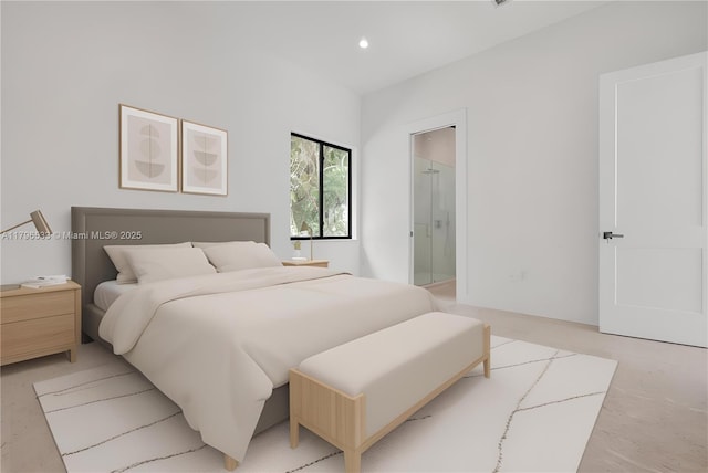 bedroom with connected bathroom and recessed lighting