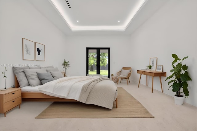 bedroom featuring a tray ceiling and access to exterior