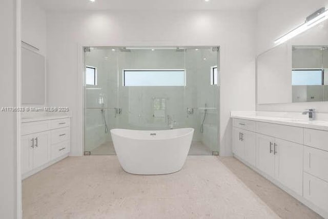 bathroom with a freestanding bath, a wealth of natural light, and vanity