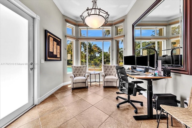 office with baseboards, tile patterned floors, and crown molding