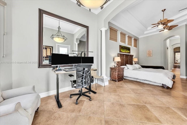 bedroom featuring ornamental molding, visible vents, arched walkways, light tile patterned floors, and baseboards