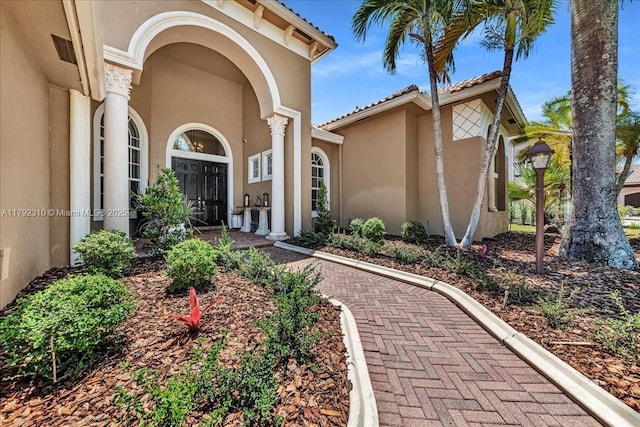 view of exterior entry featuring stucco siding