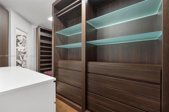 walk in closet with wood finished floors