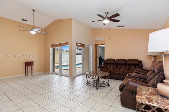 living room with high vaulted ceiling, a ceiling fan, and visible vents