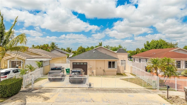 back of property with a gate, driveway, a garage, stucco siding, and a fenced front yard