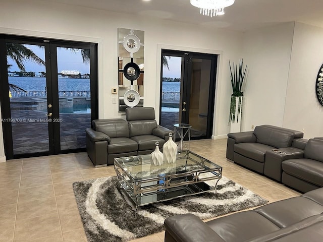 tiled living room with french doors