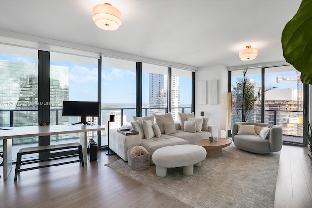 living area with floor to ceiling windows and wood finished floors