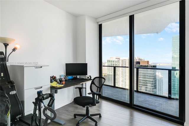 office area with expansive windows and wood finished floors