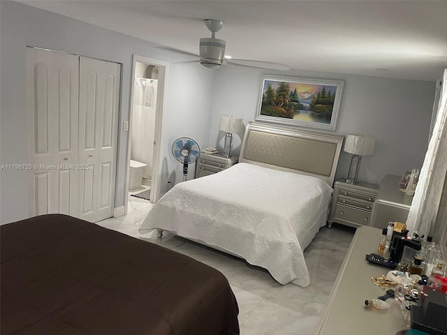 493 Camino Real Blvd, Clewiston, FL 33440 - bedroom featuring ceiling fan, connected bathroom, a closet, and marble finish floor