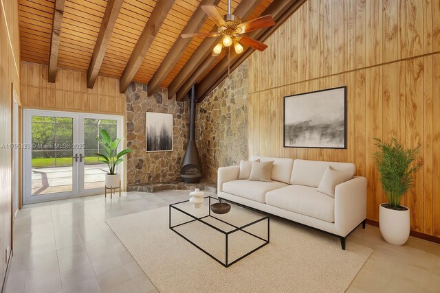 7600 SW 124th St, Pinecrest, FL 33156 - tiled living area with a chandelier, french doors, and high vaulted ceiling