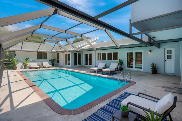 7600 SW 124th St, Pinecrest, FL 33156 - unfurnished living room with a wood ceiling with exposed beams, wood walls, french doors, tile patterned floors, and a ceiling fan