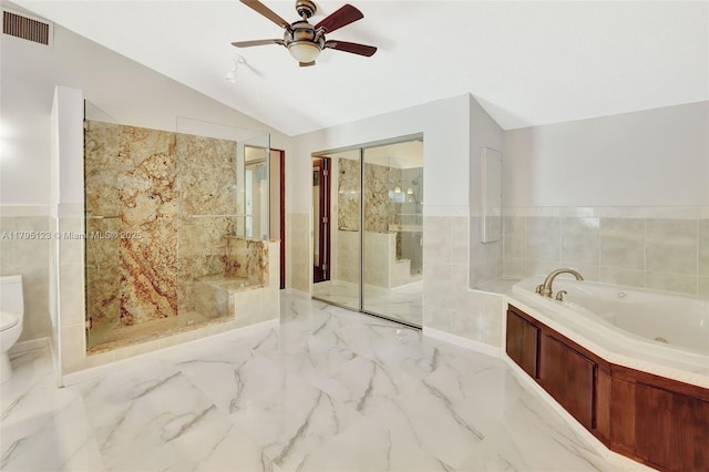 7600 SW 124th St, Pinecrest, FL 33156 - full bath featuring a tub with jets, a marble finish shower, a ceiling fan, lofted ceiling, and marble finish floors