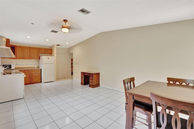 7600 SW 124th St, Pinecrest, FL 33156 - dining area with a ceiling fan, lofted ceiling, light tile patterned floors, and recessed lighting