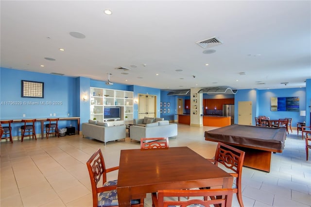 dining area featuring light tile patterned floors, recessed lighting, pool table, and visible vents