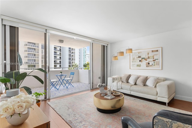 11 Island Ave Unit 407, Miami Beach, FL 33139 - living area featuring baseboards, floor to ceiling windows, and wood finished floors