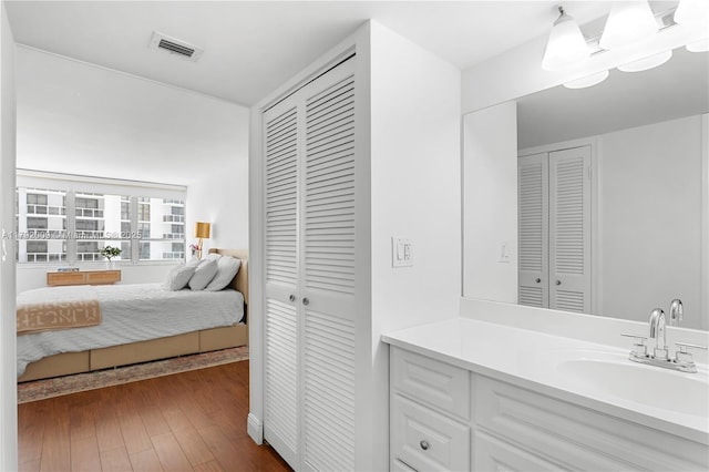 bathroom with a closet, vanity, and wood finished floors