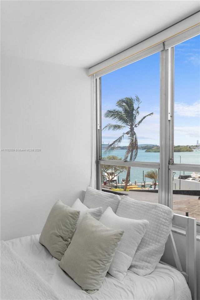 bedroom featuring a water view and multiple windows