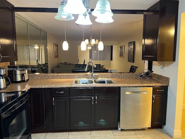 kitchen with a notable chandelier, stainless steel dishwasher, a sink, a peninsula, and electric range