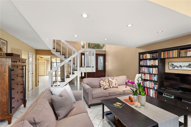 9033 SW 78th Pl, Miami, FL 33156 - living room with stairway, recessed lighting, and light tile patterned floors