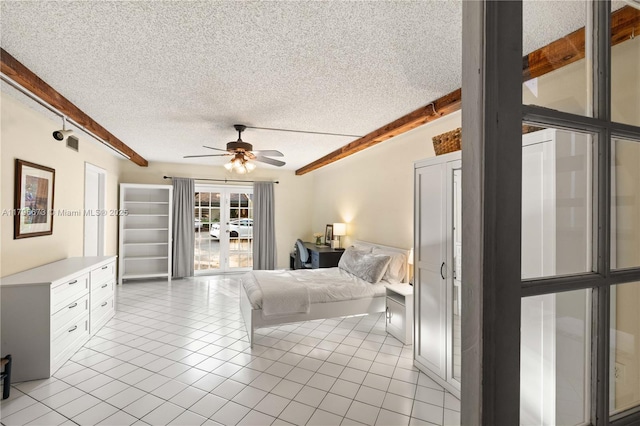 9033 SW 78th Pl, Miami, FL 33156 - bedroom with beam ceiling, a textured ceiling, light tile patterned floors, and ceiling fan