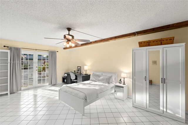 9033 SW 78th Pl, Miami, FL 33156 - bedroom featuring french doors, a textured ceiling, light tile patterned floors, access to exterior, and ceiling fan