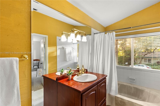 9033 SW 78th Pl, Miami, FL 33156 - bathroom with vaulted ceiling, vanity, and a chandelier