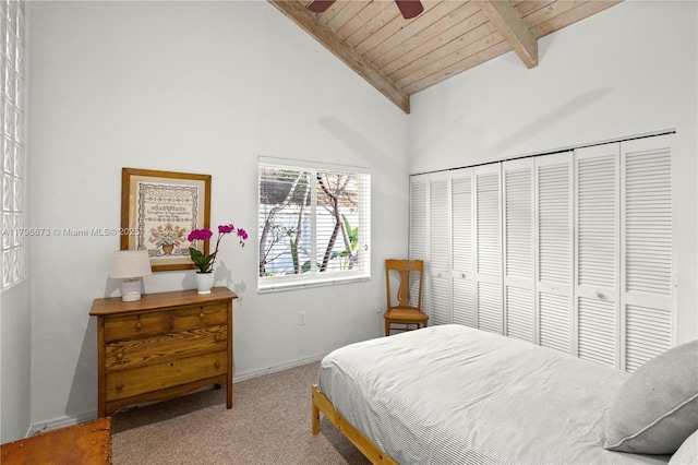 9033 SW 78th Pl, Miami, FL 33156 - bedroom with high vaulted ceiling, beamed ceiling, carpet flooring, wood ceiling, and baseboards