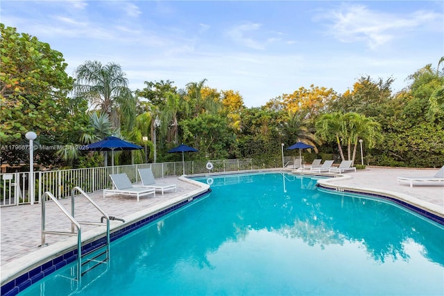 9033 SW 78th Pl, Miami, FL 33156 - community pool with a patio area, fence, and view of wooded area
