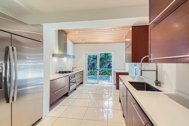 5812 Alton Rd, Miami Beach, FL 33140 - kitchen with wooden ceiling, modern cabinets, a sink, wall chimney range hood, and stainless steel appliances